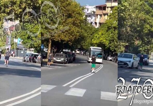 Безумие в Благоевград! Две деца с тротинетки летят в насрещното срещу автобус и автомобили в ж.к. „Еленово“